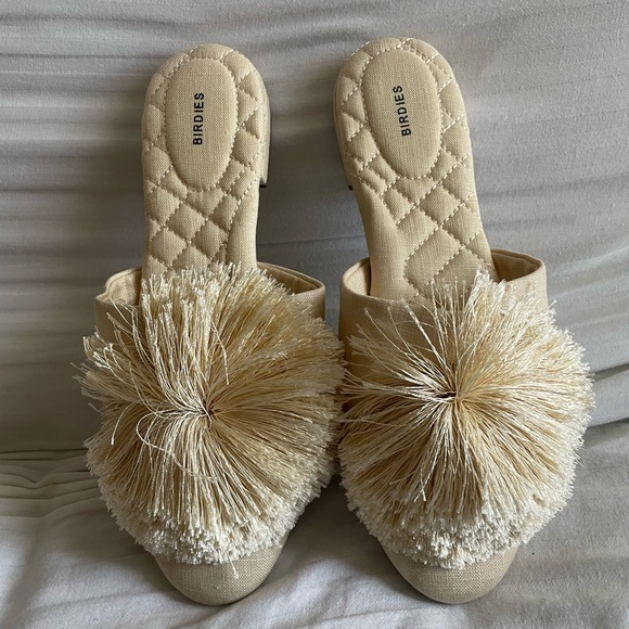Birdies Songbird Pom Pom Linen Fabric Crème Slides Ballet Flats Mules Size 7.5 - Picture 2 of 11